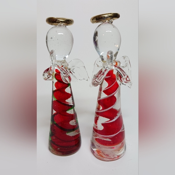 Set of 2 Glass Angel Ornaments Hands Praying Clear Wings Red Green White - Picture 2 of 7